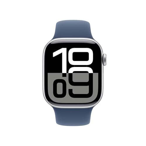 Apple Watch Series 10 [GPS 42mm case] Smartwatch with Silver Aluminum Case with Denim Sport Band - S/M. Fitness Tracker, ECG App, Always-On Retina Display, Water Resistant