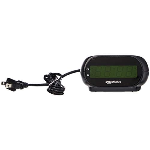 Amazon Basics Small Digital Oval Alarm Clock with LED Display, Nightlight, Snooze Function & Battery Backup, Black, 4.5 x 3.5 x 2.4 Inches