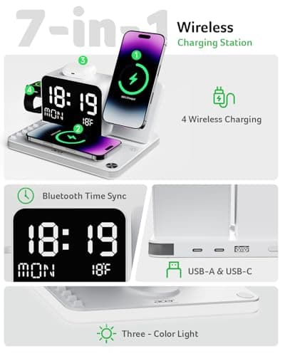 Acer 7-in-1 Wireless Charging Station with LED Clock - 30W Fast Wireless Charger for iPhone 16/15/14/13/12/Pro Max, Apple Watch, AirPods - Bluetooth Auto Time Sync & Night Lights (White)