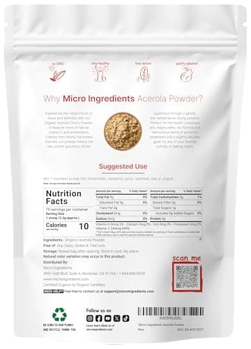 Organic Acerola Powder, 8oz | Natural Organic Vitamin C Superfood | No Sugar & Additives | Great Flavor for Drinks, Smoothie, & Beverages | Non-GMO & Vegan Friendly, Brazil Origin