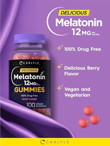 Carlyle Melatonin Gummies 12mg | 100 Count | Berry Flavor | Vegan Supplement | Non-GMO, Gluten Free
