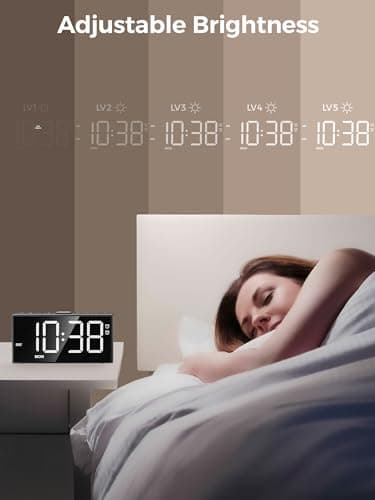 PPLEE Alarm Clock for Bedroom,Upgrade Digital Clock Large Bold Number,5 Level Brightness Volume,2 Alarms,Weekend Weekday Mode,Type C/USB Charger Port,Loud Table Clock with Power Off Memory for Any Age