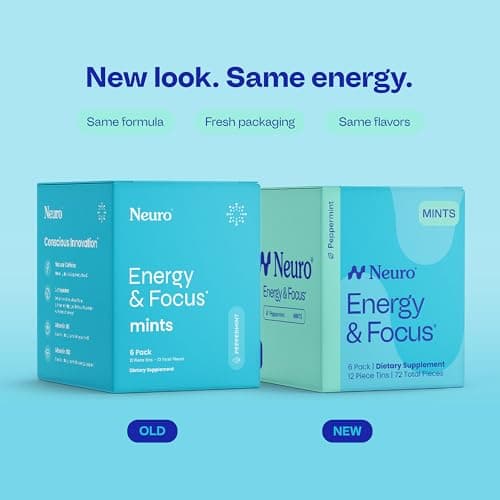 Neuro Energy & Focus Mints - Sugar Free Breath Mints with 40mg Natural Caffeine, B Vitamins & L-Theanine - Vegan Brain Supplement for Exercise, Study & Daily Focus - Peppermint, 72 ct