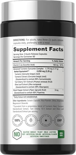 Horbäach Turmeric Curcumin Supplement | 180 Capsules | with Black Pepper & Tart Cherry | Non-GMO & Gluten Free
