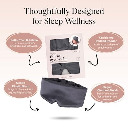 Kitsch Satin Sleep Mask - Eye Masks for Sleep, Softer Than Silk Satin Sleeping Mask Blindfold and Sleep Masks for Women and Men, Eye Care Travel Essentials - Charcoal Black
