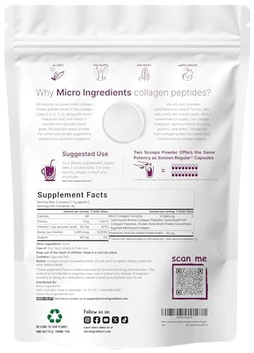 Micro Ingredients Multi Collagen Peptides Powder, 2lb – Hydrolyzed Type I,II,III,V,X with Biotin, Hyaluronic Acid, Vitamin C – Unflavored Collagen for Women & Men, Easy Dissolve, 82 Servings