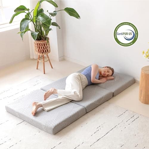 MLILY Tri-Fold Memory Foam Topper, 4 inch Single Folding Mattress Topper with Collapsible and Washable Cover, Travel and Guest Mat, 75"×25"×4", Grey