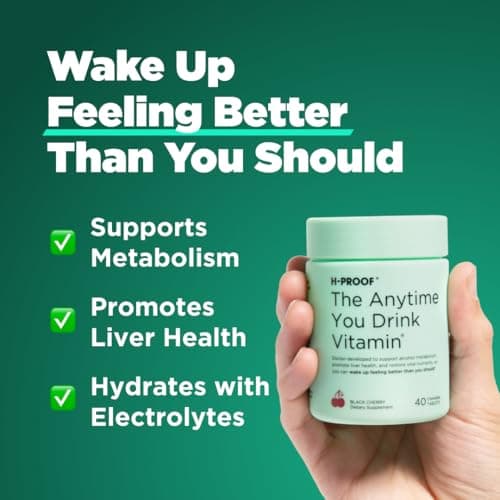 H-PROOF The Anytime You Drink Vitamin, Liver Health & Immunity Support with Electrolytes, Milk Thistle, and Vitamins B & C - 40 Chewable Tablets (20 Servings), Vegan, Black Cherry