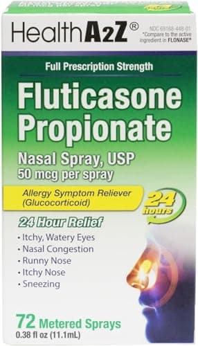 HealthA2Z® Allergy Relief, Fluticasone Propionate 50mcg, Nasal Spray, 24-Hour Allergy Relief, Nasal Decongestant, Dye Free, 72 Sprays (0.38 fl oz)