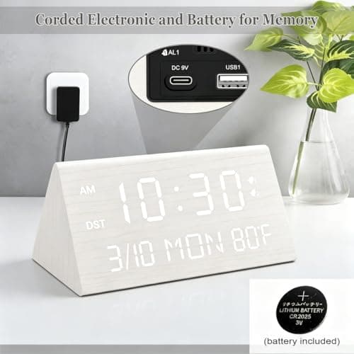 Kogonee Wooden Digital Alarm Clock, 0-100% Dimmer, 2 Alarm Settings, Weekday/Everyday Mode, 9 Mins Snooze, 12/24H, Temperature and Date Display for Office, Travel, Bedroom Alarm Clock (White)