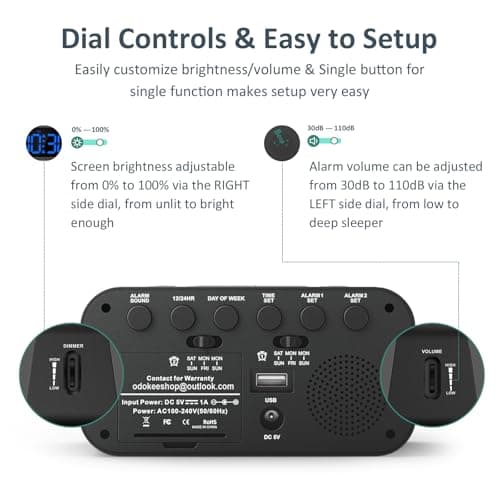 Odokee Digital Dual Alarm Clock for Bedroom, Easy to Set, 0-100% Dimmer, USB Charger, 5 Sounds Adjustable Volume, Weekday/Weekend Mode, Snooze, 12/24Hr, Battery Backup, Compact for Bedside(Blue)