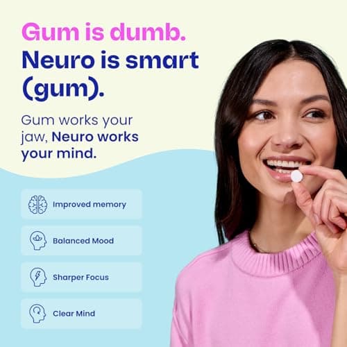 Neuro Memory & Focus Gum - Nootropic Gum with Vitamin B12, Vitamin B6, L-Theanine & Ginseng Extract - Natural Brain Support Supplement - Vegan, Caffeine & Sugar Free Chews - Peppermint, 90 ct