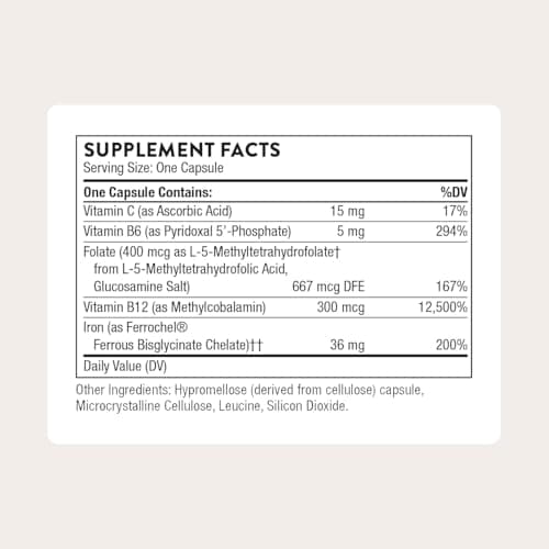 THORNE - Advanced Iron Complex - Complete Blood Support Formula* - Elemental Iron, Folate, B and C Vitamins for Optimal Absorption - Chelated Iron Supplement - Gluten, Dairy & Soy-Free - 60 Capsules
