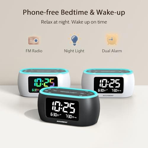 HOUSBAY Digital Alarm Clock Radio for Bedrooms, Phone-Free Wake-up with Dual Alarm, Night Light, Small Radio Clock for Bedside