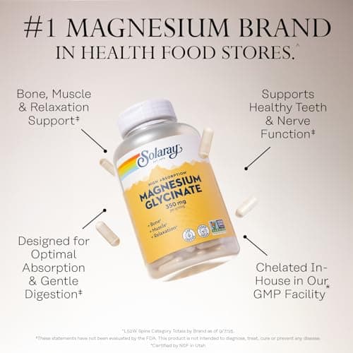 SOLARAY Magnesium Glycinate Capsules, Chelated Magnesium Bisglycinate w/BioPerine, Higher Absorption Magnesium Supplement - Bones, Muscles, Heart Support, Vegan (30 Servings, 120 VegCaps)