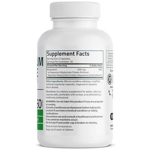 Bronson Magnesium Glycinate 200 MG per Serving Chelated for High Absorption, Gentle On Stomach, Non-GMO, 60 Vegetarian Capsules