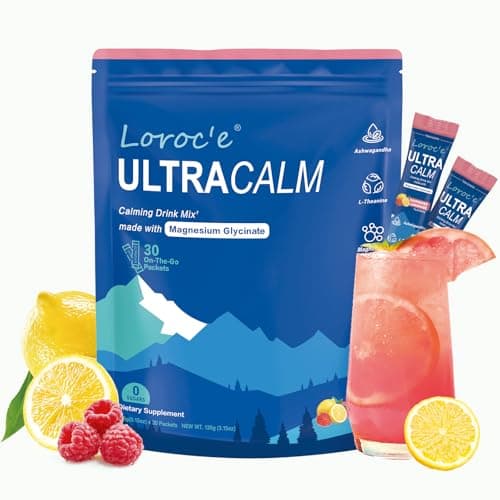 Loroc'e UltraCalm Super Cortisol Reducer Drink, Magnesium Glycinate (30 Servings), L-theanine, Ashwagandha, Vitamin D, No Sugar, Raspberry Lemonade Sleep Aid Powder