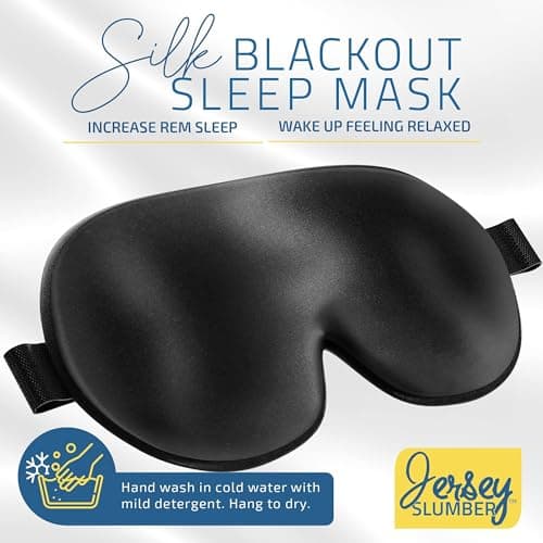 Jersey Slumber 100% Silk Sleep Mask for Women Men Side Sleeper - Light Blocking Eye Mask for Sleeping, Zero Pressure Soft Blindfold, Adjustable Strap, Silk Eye Cover for Travel Nap - Black