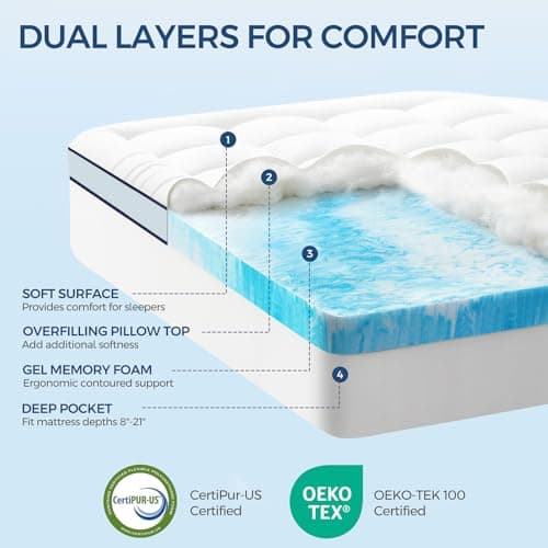 Premium Dual Layer 4 Inch Memory Foam Mattress Topper, 2 Inch Gel Memory Foam and 2 Inch Pillow Top Mattress Pad Cover for Back Pain, Extra Thick Comfort Support（Queen 60"x80"）