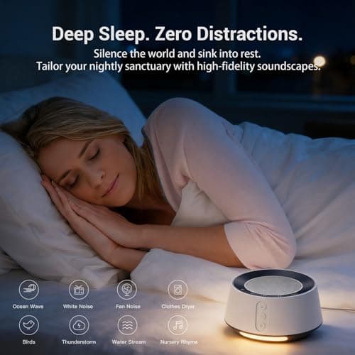 BGOVERSS White Noise Sound Machine with 20 Soothing Sounds, 10 Colors Night Light Sleep Machines Home Office Travel, 5 Timers and Memory Feature Sound Machine for Nursery Baby Kids Adults (White)