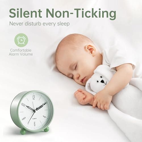 Analog Alarm Clock, 4 inch Super Silent Non Ticking Small Clock with Night Light, Battery Operated, Simple Design, Old Fashioned Style Ideal Decor, for Bedroom, Bedside, Desk, Adult, Kid, Gift, Green