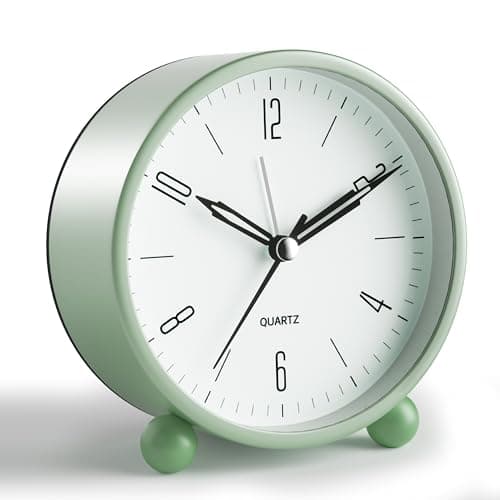 Analog Alarm Clock, 4 inch Super Silent Non Ticking Small Clock with Night Light, Battery Operated, Simple Design, Old Fashioned Style Ideal Decor, for Bedroom, Bedside, Desk, Adult, Kid, Gift, Green