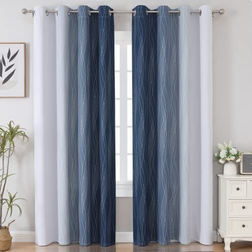 Estelar Textiler Navy Blue and Greyish White Blackout Curtains for Bedroom 84 Inches Long, Full Room Darkening Grommet Curtains for Living Room,Thermal Insulated Ombre Drapes,52Wx84L,2 Panels