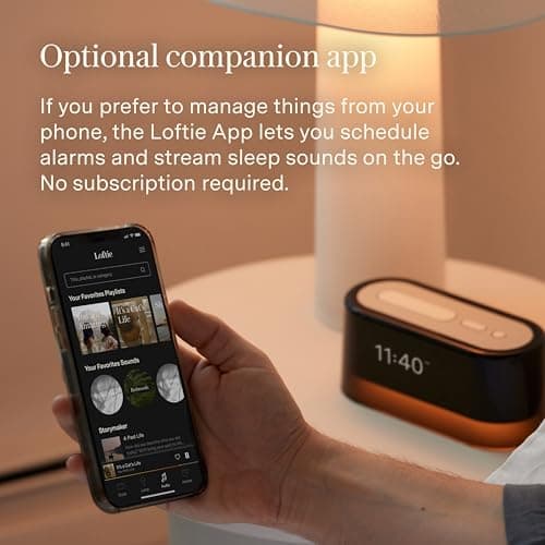 Loftie Alarm Clock with Sound Machine – Smart Alarm Clock with Night Light, White Noise, Bluetooth Speaker, 100+ Sounds Included Free, No Subscription Required, Blackout Mode- Black