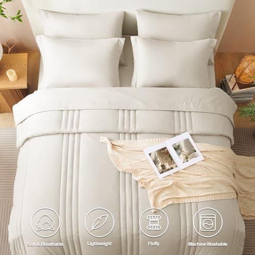 CozyLux Queen Size Comforter Sets - 7 Piece Bed in a Bag Beige Comforter Set with Sheets Luxury Queen Bed Set All Seasons, Soft Bedding Set with Down Alternative Comforter, Sheets, Pillowcases & Shams