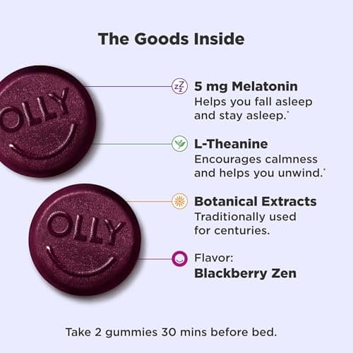 OLLY Extra Strength Sleep Gummy, Occasional Sleep Support Supplement*, 5 mg Melatonin, L-Theanine, BlackBerry Zen Flavor, 60 Day Supply - 120 Count (Packaging May Vary)