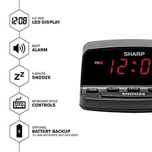 Sharp Digital Alarm Clock with Keyboard Style Controls, Battery Back-up, Easy to Use with Simple Operation, Black Case with Red LED Display