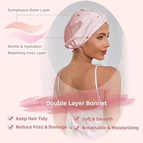 Baqzqudnl Adjustable Silk Satin Hair Bonnet for Sleeping Women, Double Layer, Silk Hair Wrap for Sleeping Women Men, Curly Natural Braid Straight Unisex - Pink