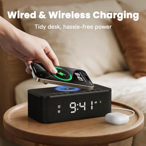Fansbe Direct Digital Alarm Clock White Noise, Loud Digital Alarm Clocks Bedrooms, Alarm Clock Speaker Wireless Charger AUX USB Bluetooth Speaker 12/24H Dual Alarm Snooze Adjustable Brightness, Black