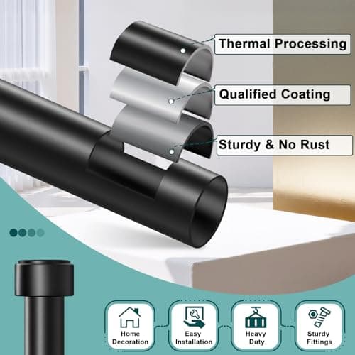 Treije Curtain Rods 72-144 Inch, 1" Heavy Duty Adjustable Curtain Rod for Windows, Black Extra Long Window Treatment Rod, Modern Design, Easy Installation