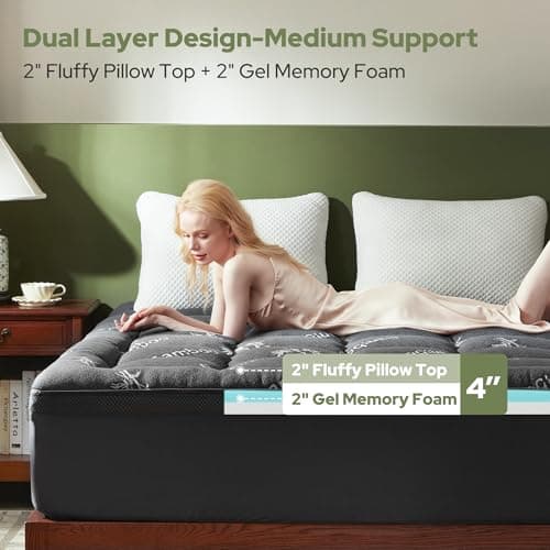 BEDLORE 4 Inch Memory Foam Mattress Topper Queen,2-in-1 Dual Layer Design (2" Gel Memory Foam + 2" Plush Pillow Top Cover) Mattress Topper Medium-Firm,Pressure Relief & Back Pain Support(Dark Gray)