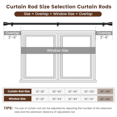 1” Diameter Curtain Rods Itself is 30 to 144 inch 1 Pack Fit 30-142 inch, 66 to 120 inch Window with Heavy Duty Adjustable Rod Matte Black Splicing Metal Extra Long Curtain Rod for Windows