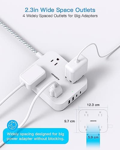 Flat Plug Extension Cord, HANYCONY 5ft Power Strip with 4 USB Ports(2 USB C), 4 Widely Outlets Extender, Wall Mount, Desk Charging Station for Office School Travel Dorm Room Essentials, ETL Listed