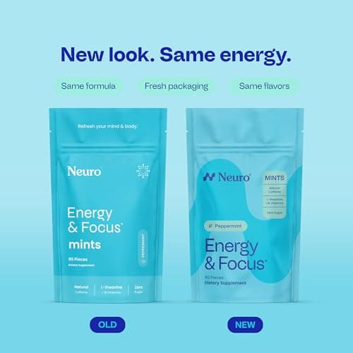 Neuro Energy & Focus Mints - Sugar Free Breath Mints with 40mg Natural Caffeine, B Vitamins & L-Theanine - Vegan Brain Supplement for Exercise, Study & Daily Focus - Peppermint, 90 ct