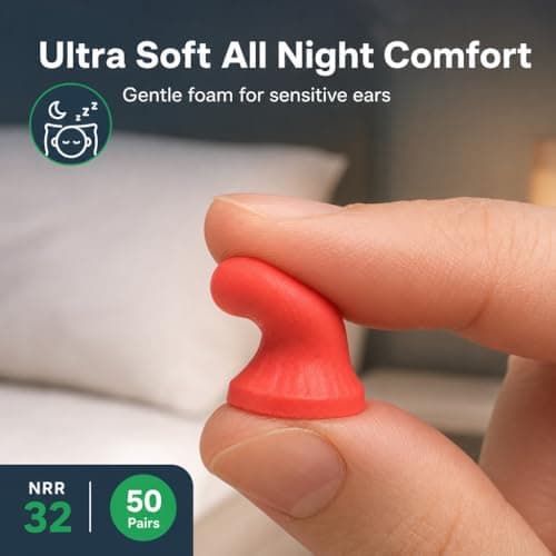 The Ear Buddy Premium Soft Foam Ear Plugs for Sleeping Noise Cancelling, Hearing Protection Earplugs for Shooting Range, Concerts, Work & Travel, Noise Reduction Rating 32 Decibels, 50 Pairs
