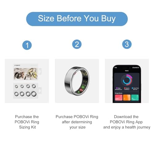 POBOVi Smart Ring for Men/Women – Fitness Tracker with Sleep, HRV, Heart Rate, Blood Oxygen – IP68 Waterproof, No Subscription, iOS & Android – Sizing Kit for Accurate Fit (Includes Ring Sizer Only)