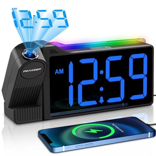 Peakeep Projection Alarm Clock for Bedroom Ceiling 180° Rotatable, Loud for Heavy Sleepers, Colorful Nightlight, 5 Brightness Dimmable Large Number Bedside Electric LED Digital Clock with USB Port