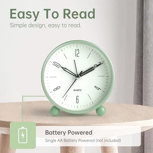Analog Alarm Clock, 4 inch Super Silent Non Ticking Small Clock with Night Light, Battery Operated, Simple Design, Old Fashioned Style Ideal Decor, for Bedroom, Bedside, Desk, Adult, Kid, Gift, Green