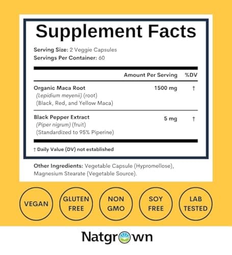 Natgrown Organic Maca Root Powder Capsules - Black, Red & Yellow - 1500 mg per Serving - Gelatinized Peruvian Maca Supplement - Non-GMO, Gluten-Free, Vegan - (120 Count)