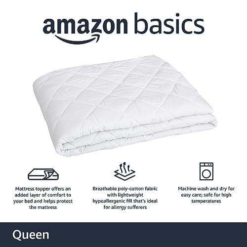 Amazon Basics Hypoallergenic Quilted Plush and Breathable Mattress Topper Pad, 18 Inches Deep, Padded, Washable, Queen, White