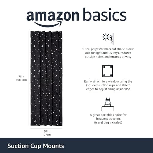Amazon Basics Portable Room Darkening Blackout Curtain Shade with Suction Cups, Noise Reduction, 50"W x 78"L, Moon and Stars, 1-Pack