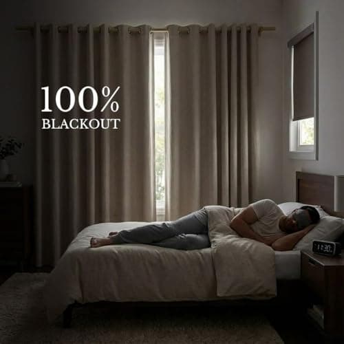 NICETOWN Natural 100% Blackout Linen Curtains 84 inch Long Burg for Living Room, 2 Panels, 52" Wide, Farmhouse Thick Completely Blackout Window Treatment Thermal Insulated Warm Drapes for Winter