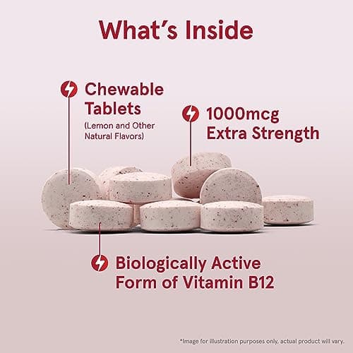 Jarrow Formulas Methyl Vitamin B-12 1000 mcg, 100 Chewable Tablets, Lemon Flavored- Bioactive B12 Vitamin - Supports Cellular Energy Production, Brain Health & Metabolism - 100 Servings