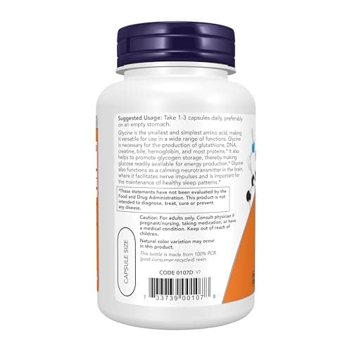 NOW Foods Supplements, Glycine 1,000 mg Free-Form, Neurotransmitter Support*, 100 Veg Capsules