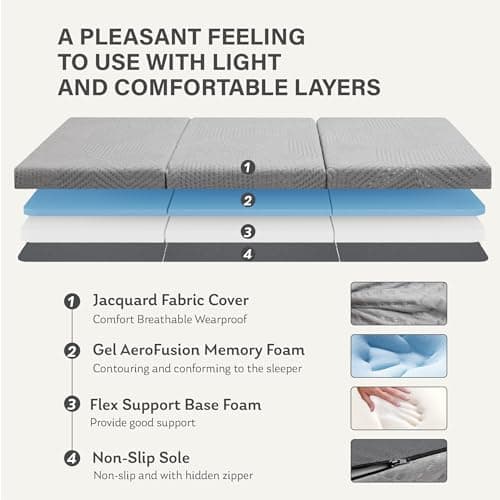 MLILY Tri-Fold Memory Foam Topper, 4 inch Single Folding Mattress Topper with Collapsible and Washable Cover, Travel and Guest Mat, 75"×25"×4", Grey