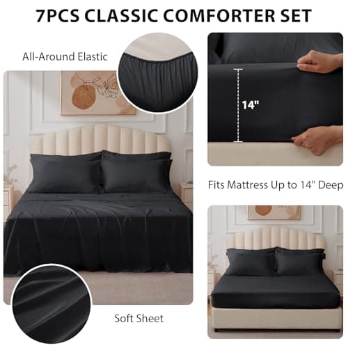 Velorose Queen Comforter Set Black - Bed in a Bag Queen Size 7 Pieces, Soft Bedding Set for All Seasons, Premium Queen Comforter Set with Comforter, Sheets, Pillowcases & Shams